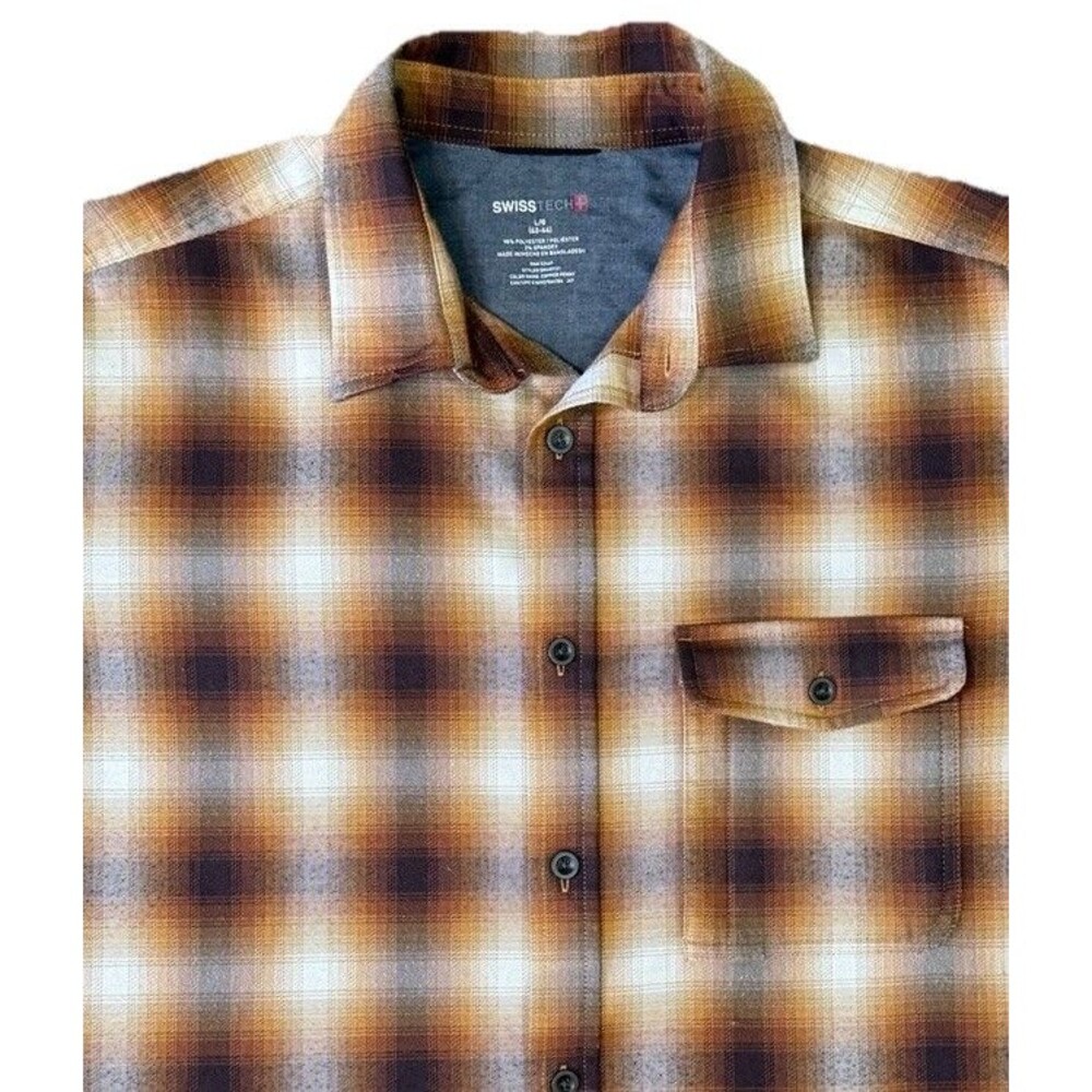 Swiss Tech Mens Size Large Brown Plaid Long Sleeve Button Up Flannel Shirt